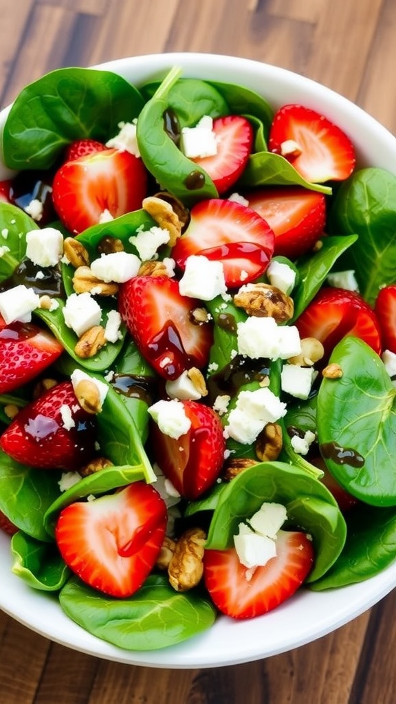A colorful strawberry spinach salad with spinach, strawberries, nuts, and feta cheese on a wooden table.